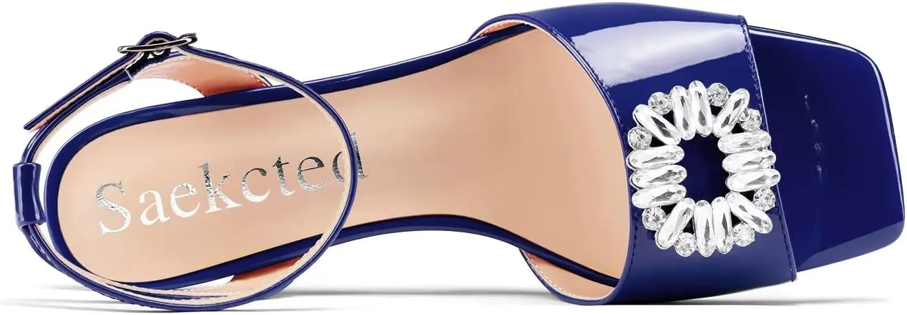 Saekcted Women Mid Heel Peep Open Toe Sandals Ankle Strap Rhinestone Crystal Party Cute Shoes