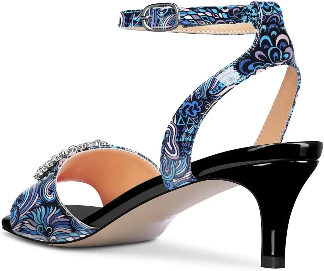 Saekcted Women Mid Heel Peep Open Toe Sandals Ankle Strap Rhinestone Crystal Party Cute Shoes