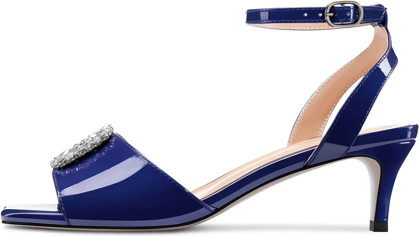 Saekcted Women Mid Heel Peep Open Toe Sandals Ankle Strap Rhinestone Crystal Party Cute Shoes