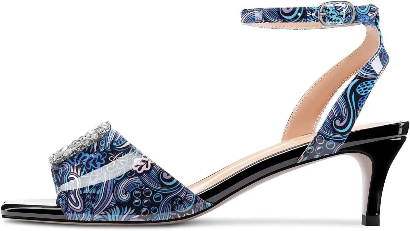 Saekcted Women Mid Heel Peep Open Toe Sandals Ankle Strap Rhinestone Crystal Party Cute Shoes