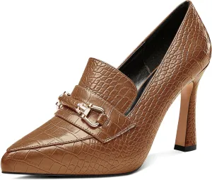 Saekcted Womens Stiletto High Platform Heel Pointed Toe Pumps Loafers Shoes Slip-on Buckle Office Basic Classic 3.9 Inches Heels