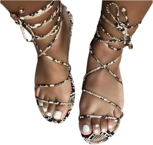 Sandals for Women Flat,Summer Sandals Ladies Fashion Leopard/Zebra/Snake Pattern Flat Heel Slip Ons Sandals with Zipper