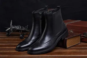 Santimon Men's Fashion Genuine Leather Brogue Chelsea Formal Dress Mid-calf Plain Toe Zipper Chukka Ankle Comfortable Boots Black Red