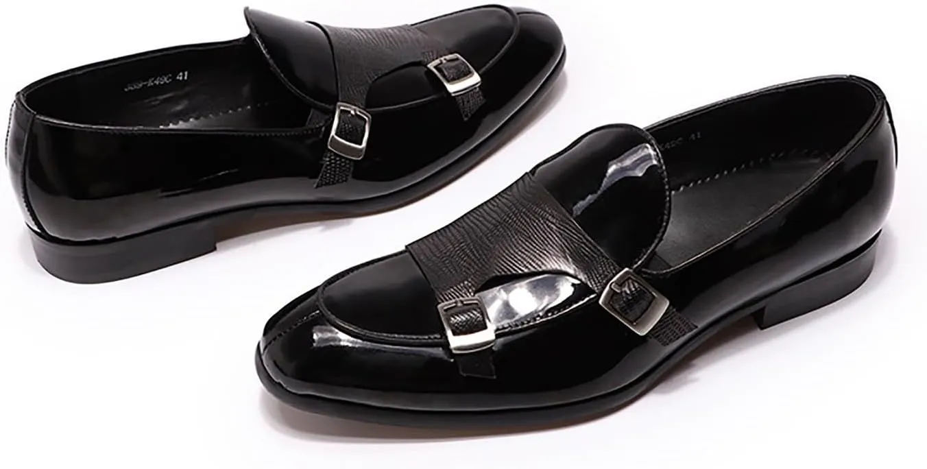 Santimon Men's Loafers Formal Dress Patent Leather Double Buckle Monk Strap Loafers Comfortable Fashion Casual Tuxedo Loafers for Men