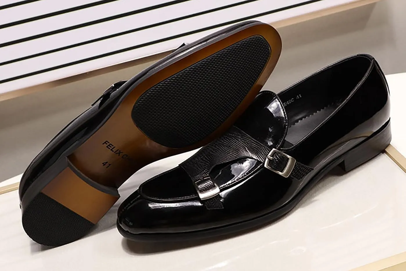 Santimon Men's Loafers Formal Dress Patent Leather Double Buckle Monk Strap Loafers Comfortable Fashion Casual Tuxedo Loafers for Men