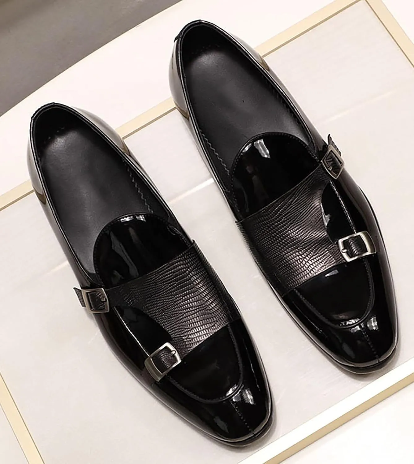 Santimon Men's Loafers Formal Dress Patent Leather Double Buckle Monk Strap Loafers Comfortable Fashion Casual Tuxedo Loafers for Men