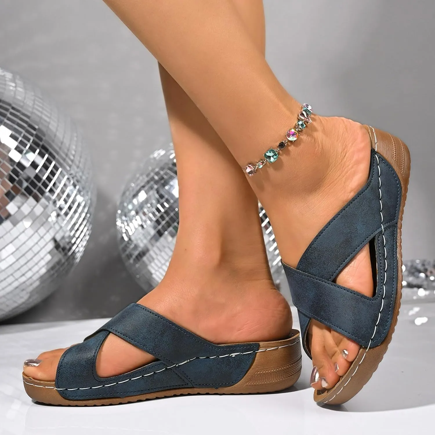 Slide Sandals Womens Criss Cross Band Slip On Wedges Comfort Wedge Sandals Walking Orthopedic Sandals Indoor Outdoor