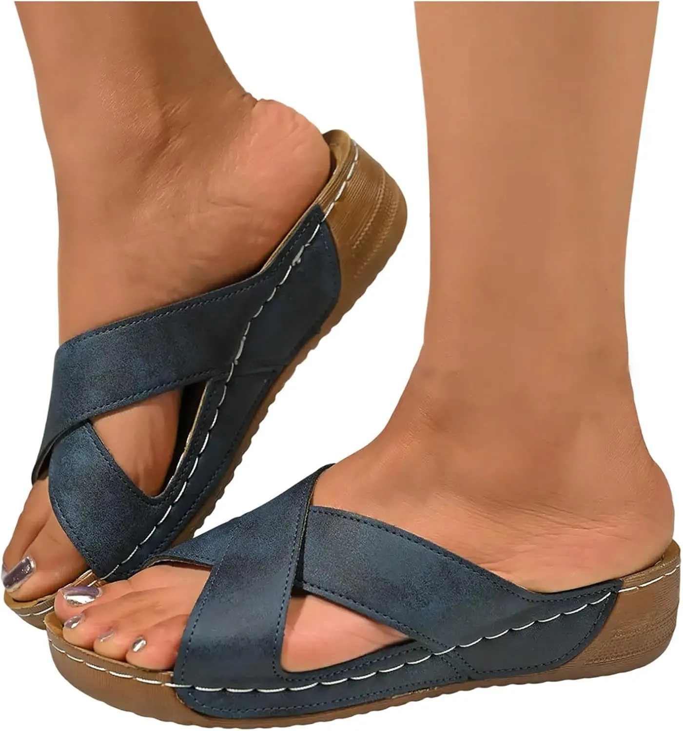 Slide Sandals Womens Criss Cross Band Slip On Wedges Comfort Wedge Sandals Walking Orthopedic Sandals Indoor Outdoor