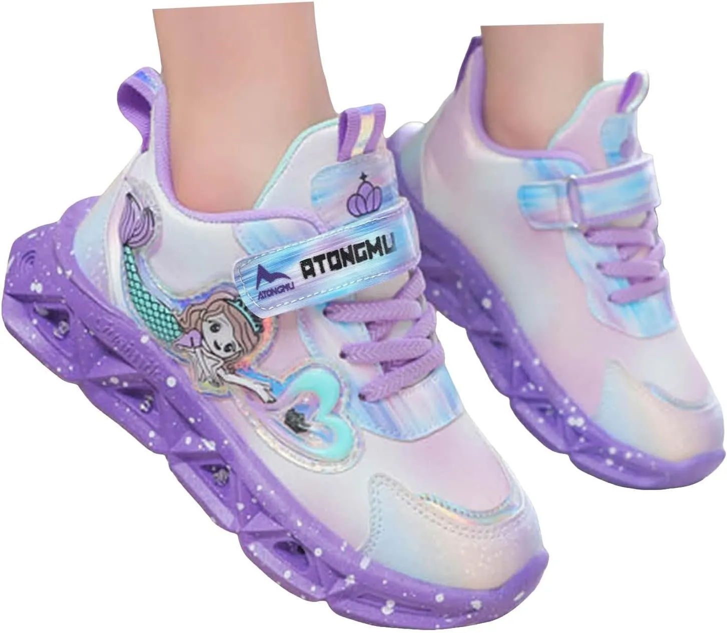 Sneakers for Girls Kids Light Up Mermaid Pattern Sneaker Hook Loop Thick Bottom Non Slip Sports Shoes Fashion Casual Shoes
