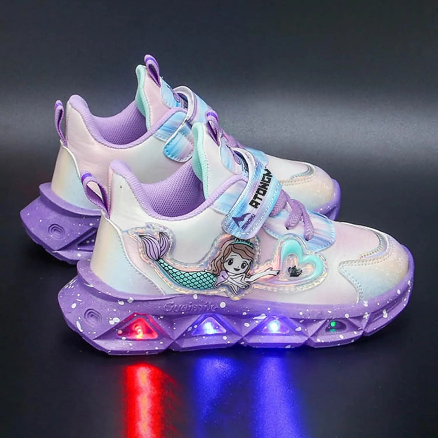 Sneakers for Girls Kids Light Up Mermaid Pattern Sneaker Hook Loop Thick Bottom Non Slip Sports Shoes Fashion Casual Shoes