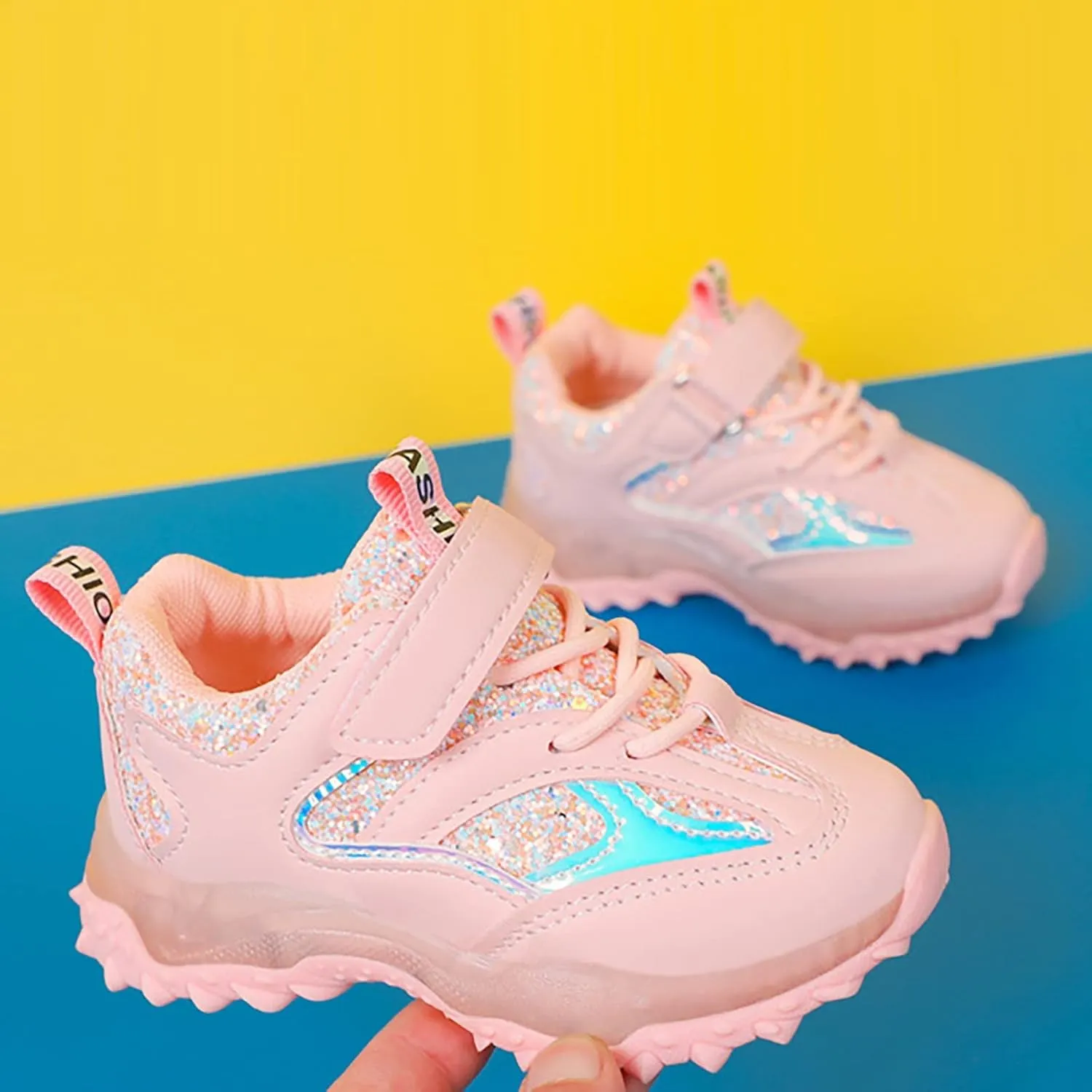 Sole Non Slip Light up Sneakers for Kids Childrens Lace Strap Glitter Mesh Breathable Sport Shoes Outdoor Running Casual