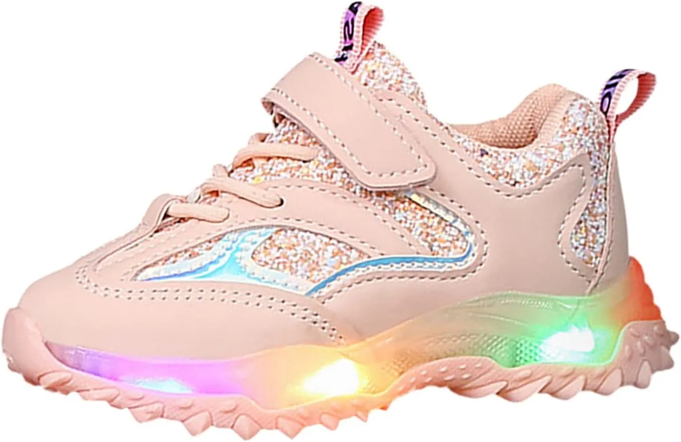 Sole Non Slip Light up Sneakers for Kids Childrens Lace Strap Glitter Mesh Breathable Sport Shoes Outdoor Running Casual
