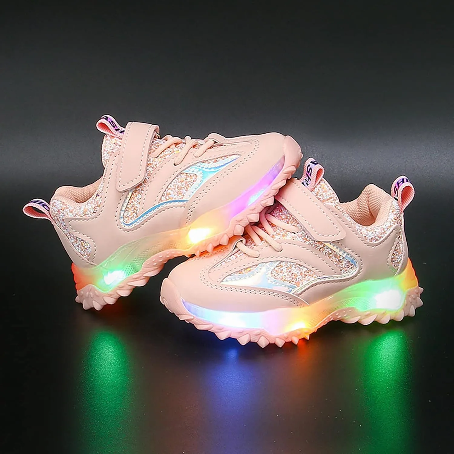 Sole Non Slip Light up Sneakers for Kids Childrens Lace Strap Glitter Mesh Breathable Sport Shoes Outdoor Running Casual
