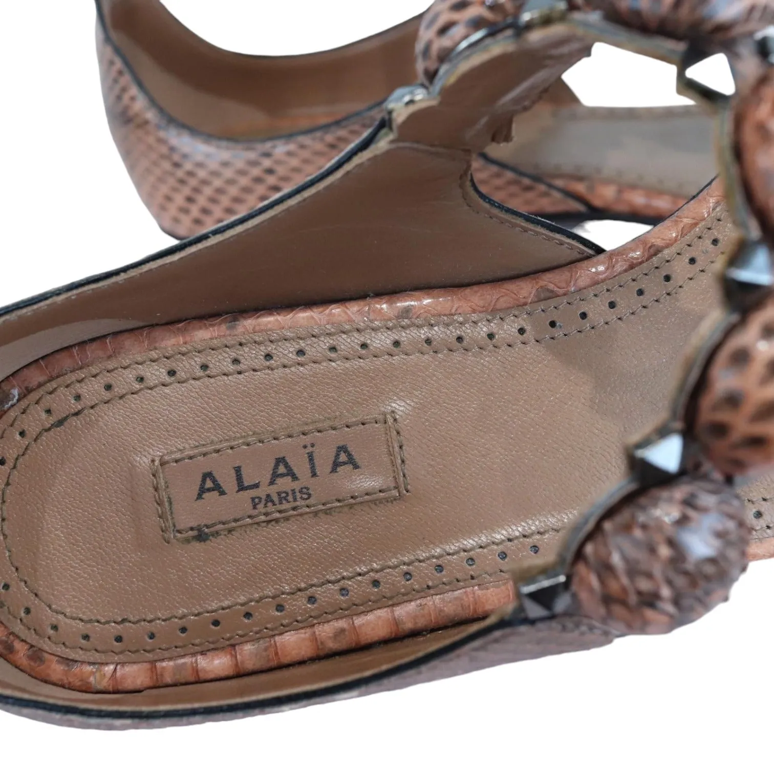 Studded T-Strap Sandals Python Brown Size 37.5 SHW