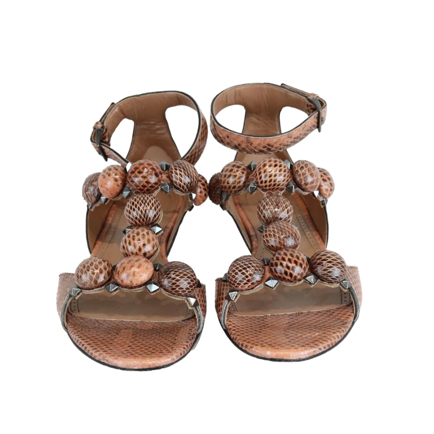 Studded T-Strap Sandals Python Brown Size 37.5 SHW