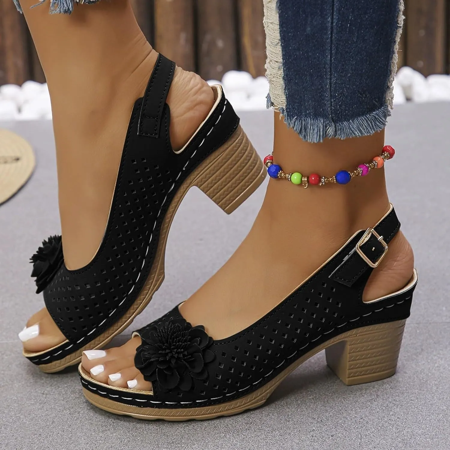 Summer Sandals for Women Open Toe Ankle Strap Chunky High Heels Sandals Peep Flowers Hollow Out Sandal Chunky Block Dress Adjustable Strappy Shoes Lightweight Platform Wedge Fashion Footwear
