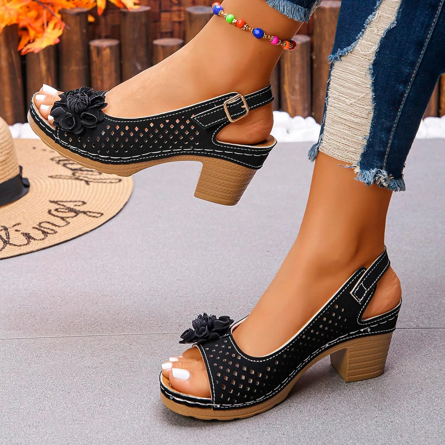 Summer Sandals for Women Open Toe Ankle Strap Chunky High Heels Sandals Peep Flowers Hollow Out Sandal Chunky Block Dress Adjustable Strappy Shoes Lightweight Platform Wedge Fashion Footwear