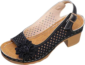 Summer Sandals for Women Open Toe Ankle Strap Chunky High Heels Sandals Peep Flowers Hollow Out Sandal Chunky Block Dress Adjustable Strappy Shoes Lightweight Platform Wedge Fashion Footwear