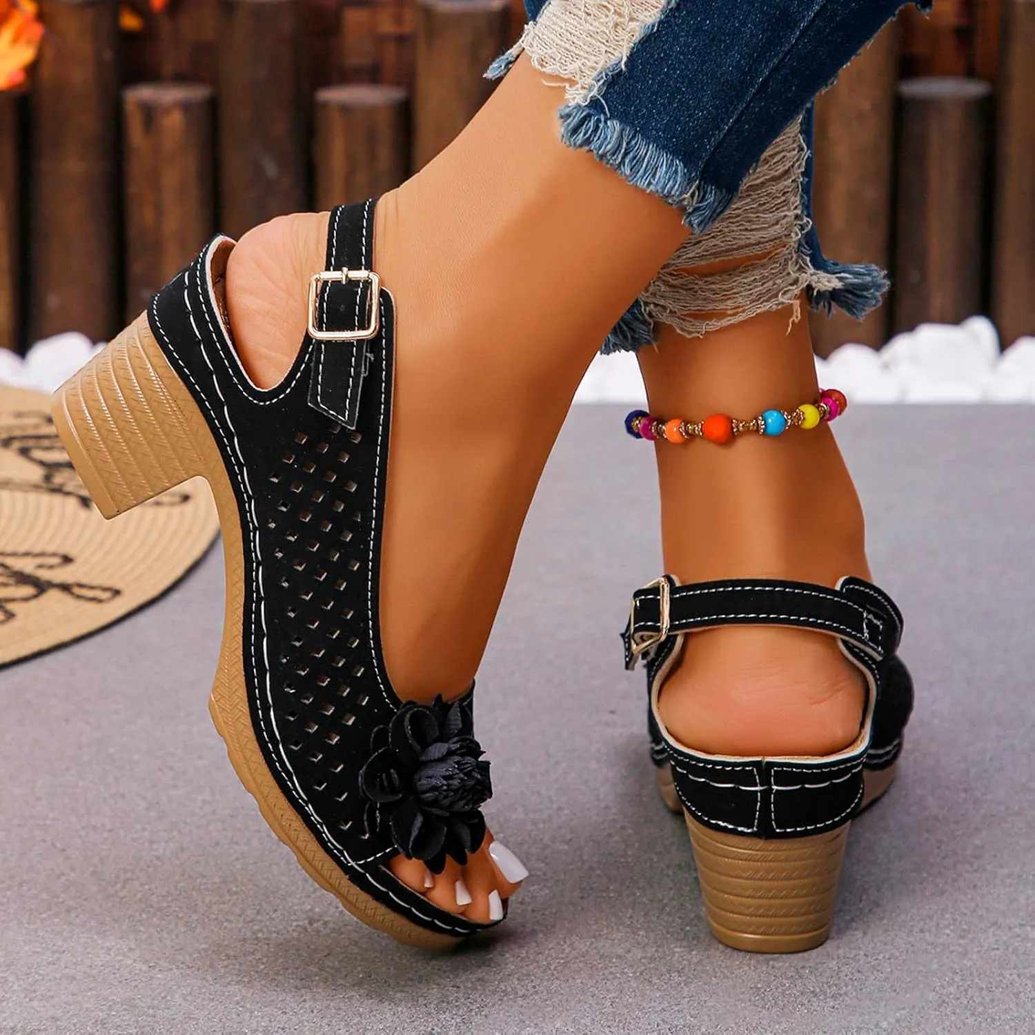 Summer Sandals for Women Open Toe Ankle Strap Chunky High Heels Sandals Peep Flowers Hollow Out Sandal Chunky Block Dress Adjustable Strappy Shoes Lightweight Platform Wedge Fashion Footwear