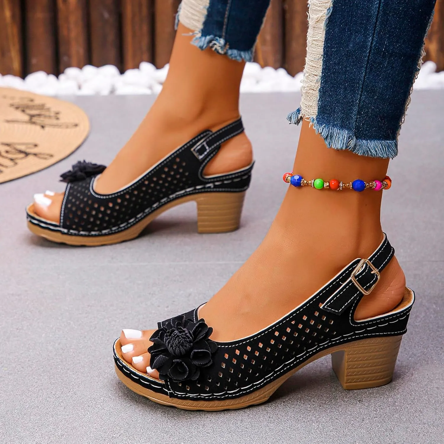 Summer Sandals for Women Open Toe Ankle Strap Chunky High Heels Sandals Peep Flowers Hollow Out Sandal Chunky Block Dress Adjustable Strappy Shoes Lightweight Platform Wedge Fashion Footwear