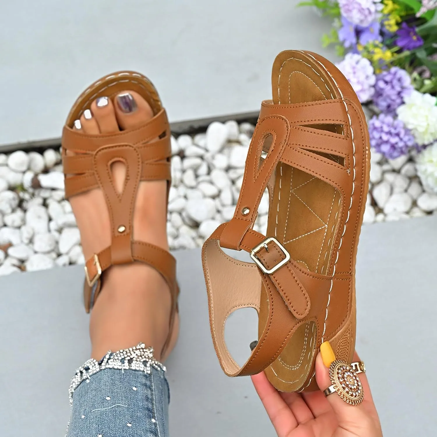 T-Strap Wedge Sandals for Women Dressy Comfort Arch Support Walking Shoes Summer Open Toe Buckle Beach Sandals 2025