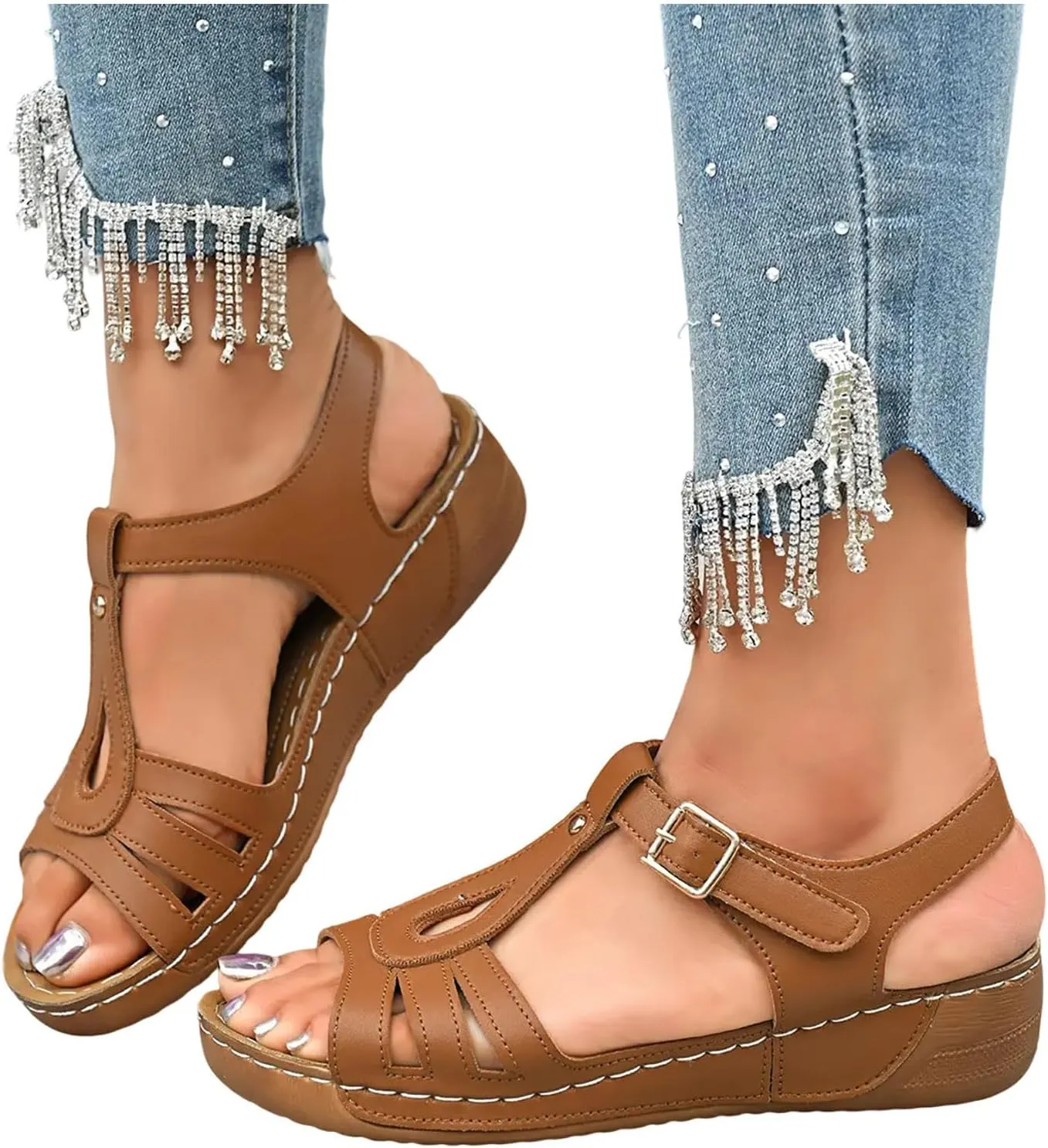 T-Strap Wedge Sandals for Women Dressy Comfort Arch Support Walking Shoes Summer Open Toe Buckle Beach Sandals 2025