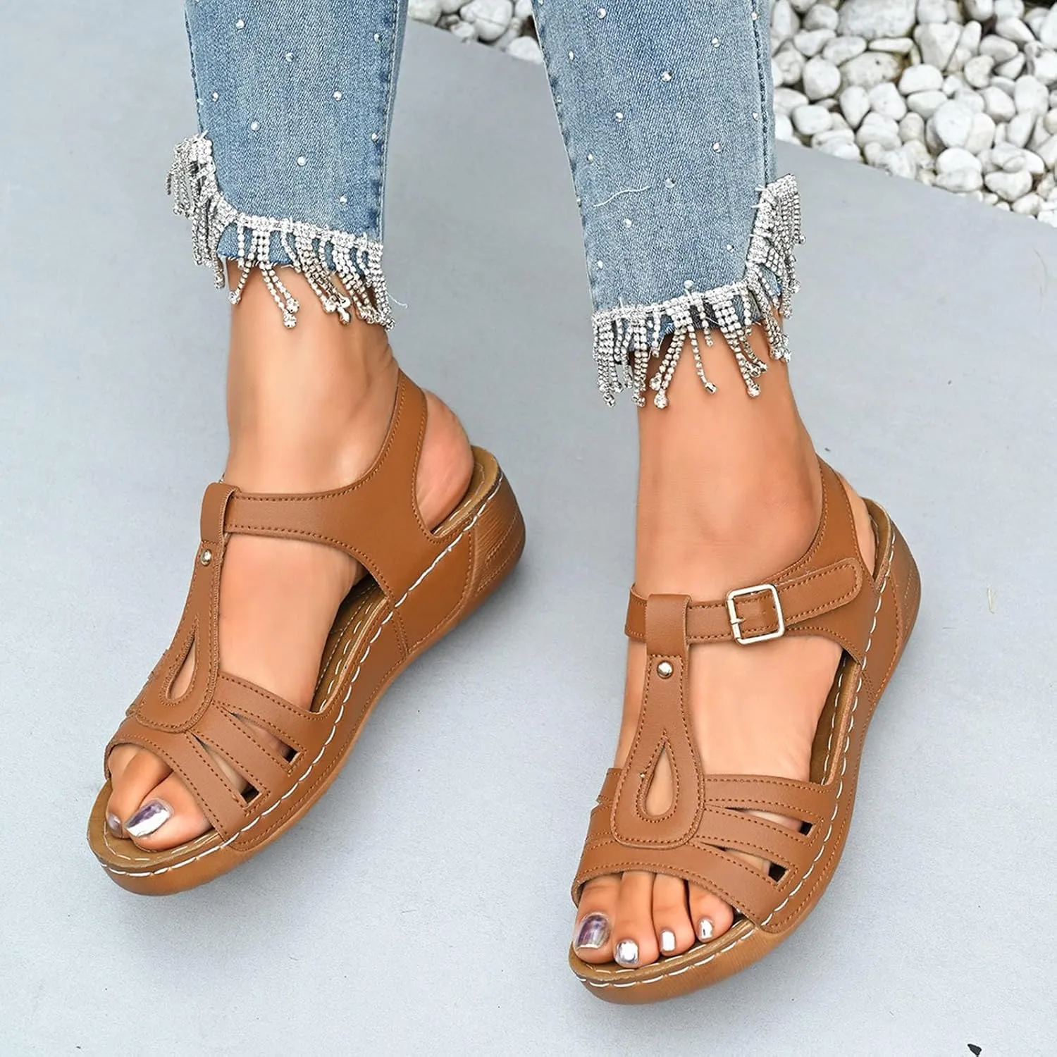 T-Strap Wedge Sandals for Women Dressy Comfort Arch Support Walking Shoes Summer Open Toe Buckle Beach Sandals 2025