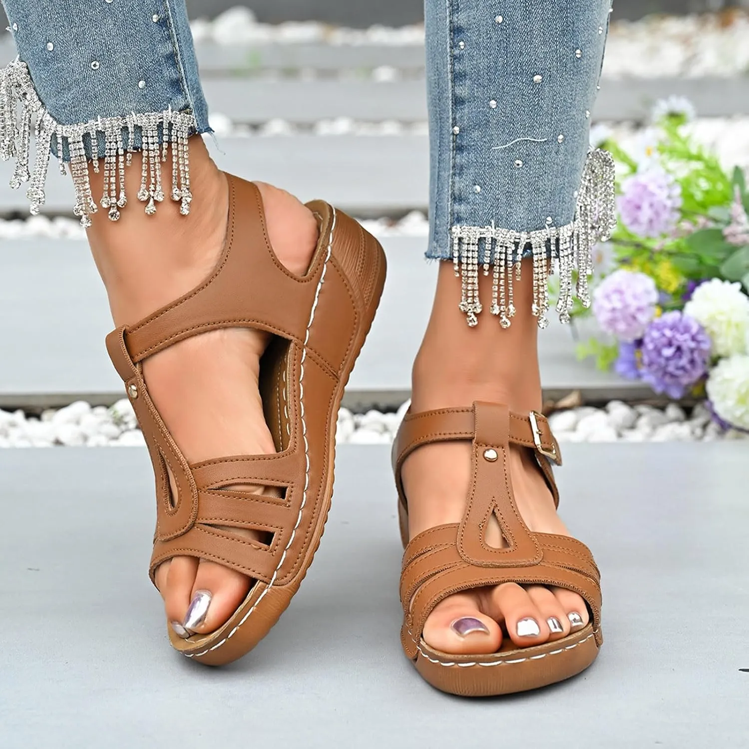 T-Strap Wedge Sandals for Women Dressy Comfort Arch Support Walking Shoes Summer Open Toe Buckle Beach Sandals 2025
