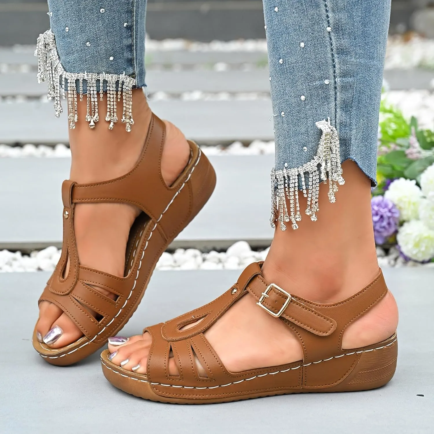 T-Strap Wedge Sandals for Women Dressy Comfort Arch Support Walking Shoes Summer Open Toe Buckle Beach Sandals 2025