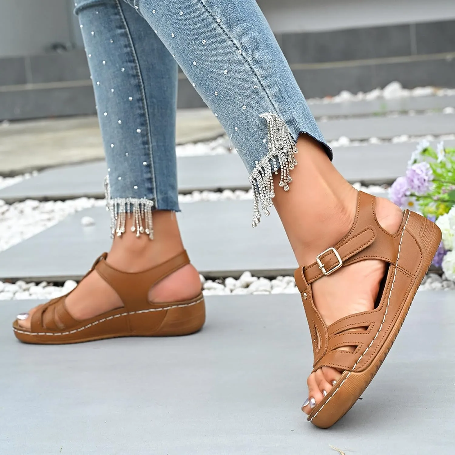 T-Strap Wedge Sandals for Women Dressy Comfort Arch Support Walking Shoes Summer Open Toe Buckle Beach Sandals 2025