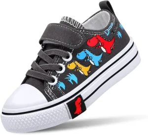 Toddler Boys Girls Slip On Canvas Sneakers Cartoon Dinasour Printed Little Kid Unisex Adjustable Strap Walking Shoes Lazy Shoes with Hook and Loops