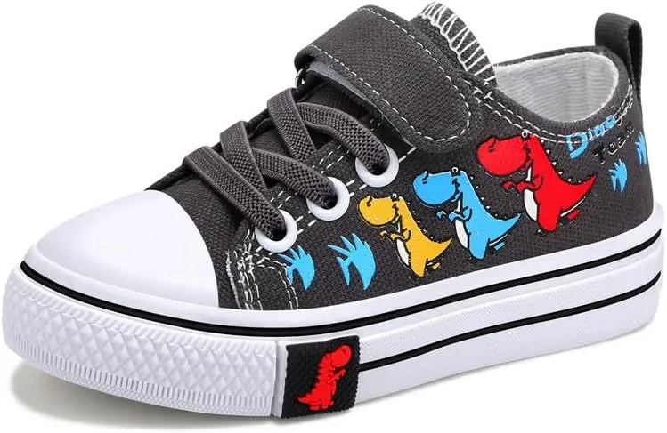 Toddler Boys Girls Slip On Canvas Sneakers Cartoon Dinasour Printed Little Kid Unisex Adjustable Strap Walking Shoes Lazy Shoes with Hook and Loops