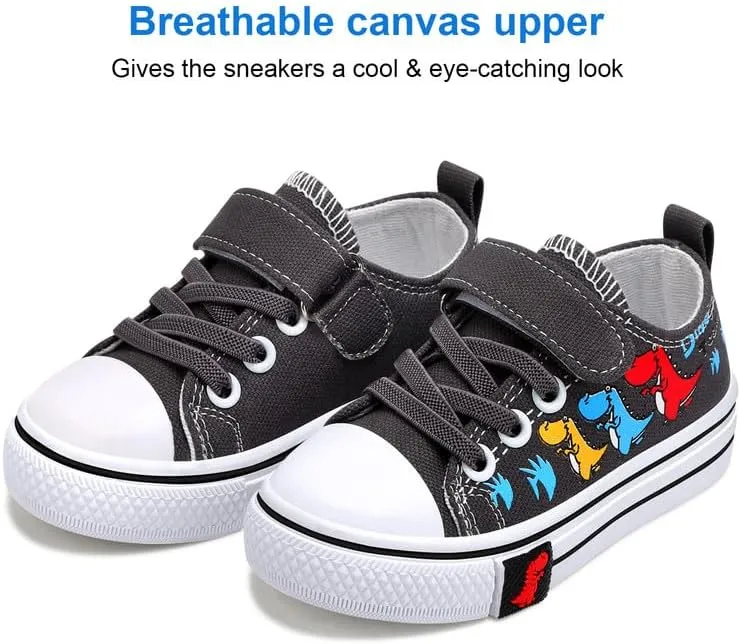 Toddler Boys Girls Slip On Canvas Sneakers Cartoon Dinasour Printed Little Kid Unisex Adjustable Strap Walking Shoes Lazy Shoes with Hook and Loops