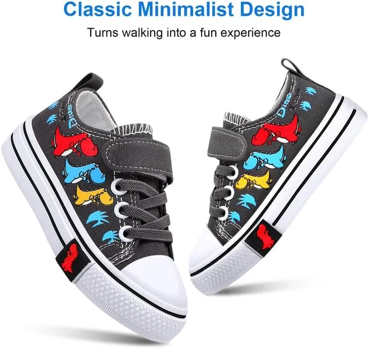 Toddler Boys Girls Slip On Canvas Sneakers Cartoon Dinasour Printed Little Kid Unisex Adjustable Strap Walking Shoes Lazy Shoes with Hook and Loops