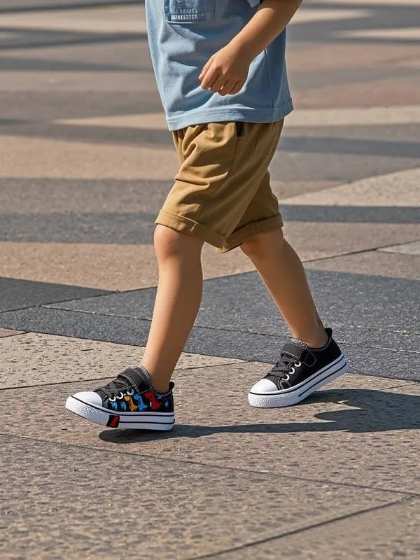 Toddler Boys Girls Slip On Canvas Sneakers Cartoon Dinasour Printed Little Kid Unisex Adjustable Strap Walking Shoes Lazy Shoes with Hook and Loops