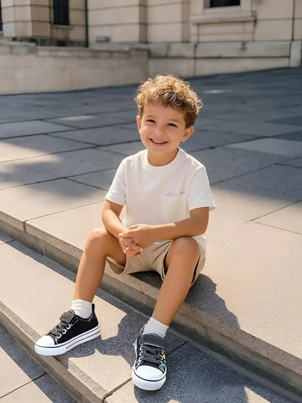 Toddler Boys Girls Slip On Canvas Sneakers Cartoon Dinasour Printed Little Kid Unisex Adjustable Strap Walking Shoes Lazy Shoes with Hook and Loops