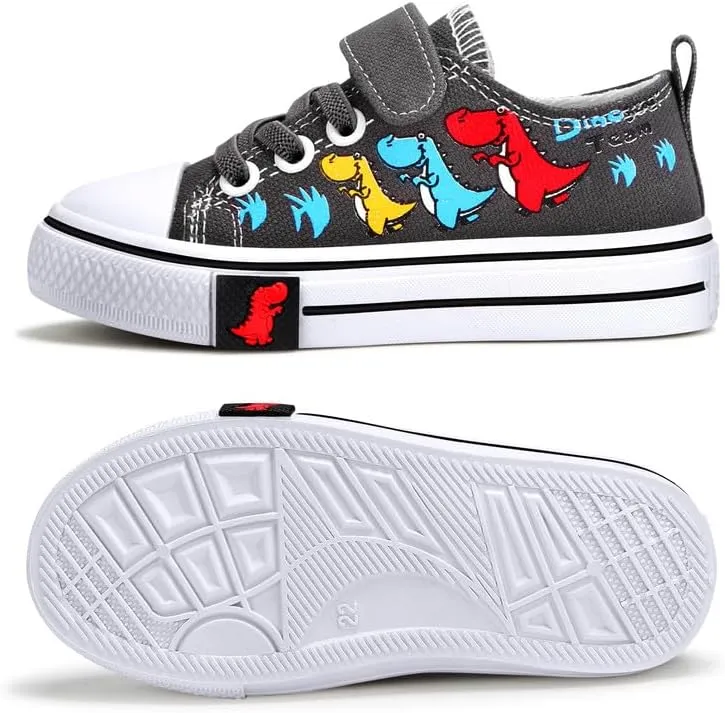 Toddler Boys Girls Slip On Canvas Sneakers Cartoon Dinasour Printed Little Kid Unisex Adjustable Strap Walking Shoes Lazy Shoes with Hook and Loops