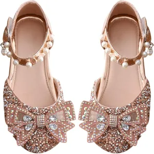 Toddler Flower Girl Dress Shoes Rhinstones Bow Mary Jane Ballet Flats Wedding Party Little Mary Jane Shoes for Girls