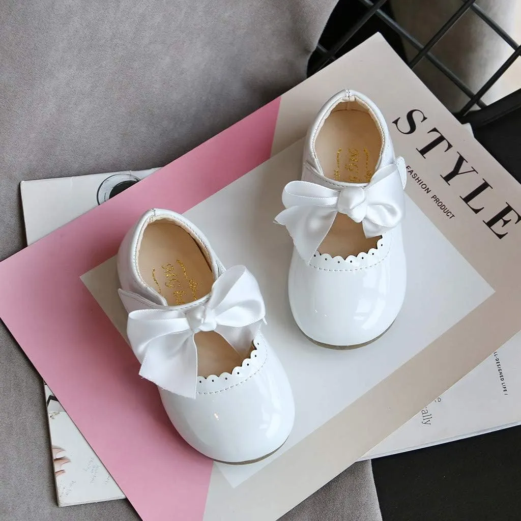 Toddler Girls Bow Mary Jane Shoes Sole Rubber Leather Closed Toe Ankle Sneaker Kids Dress Dance Non Slip Sport Shoes