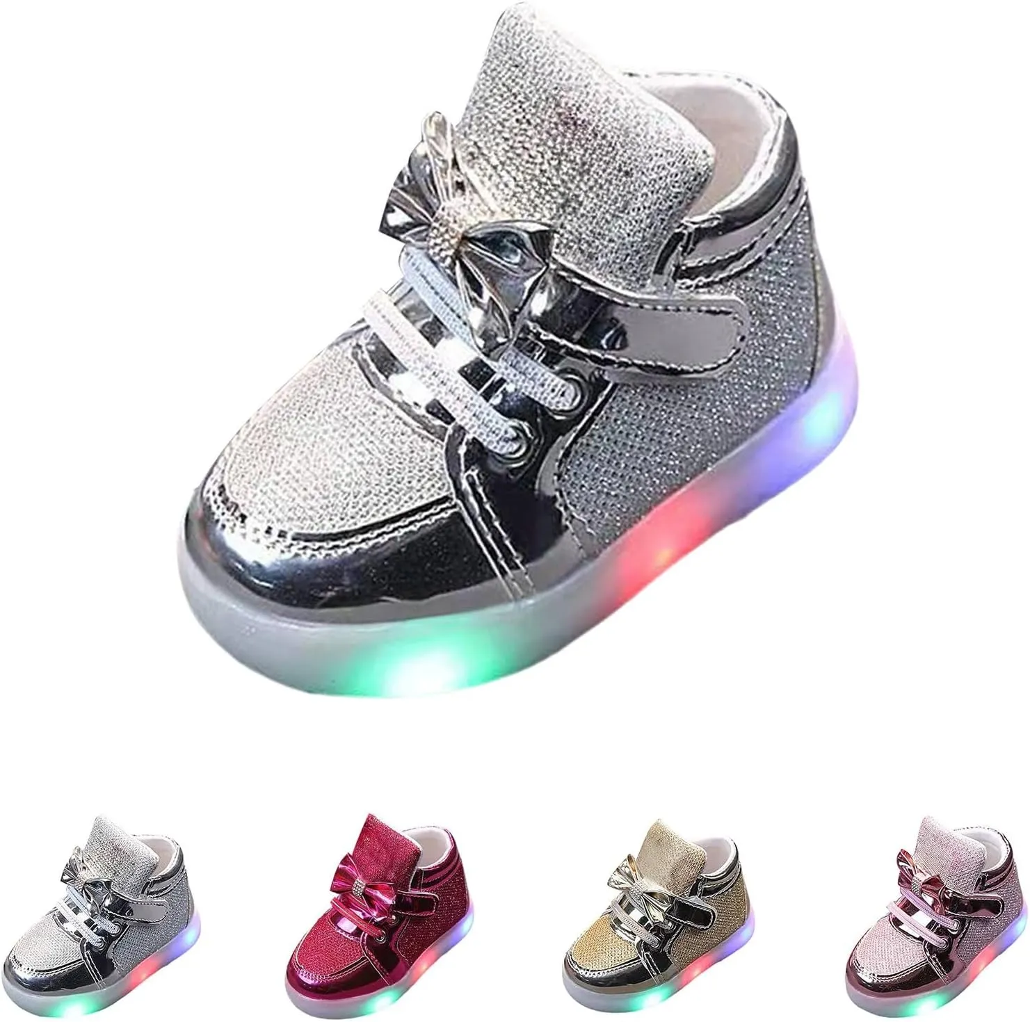 Toddler Led Light Up First Walking Sneaker Baby Infant Newborn Soft Sole Cozy Flat Shoes with Bow Lace-Up Glitter Shoes