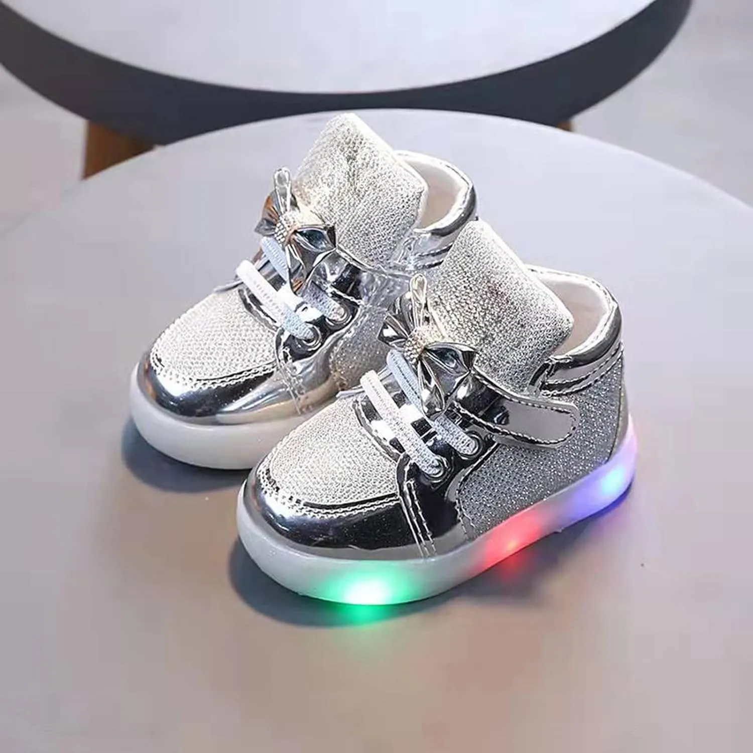 Toddler Led Light Up First Walking Sneaker Baby Infant Newborn Soft Sole Cozy Flat Shoes with Bow Lace-Up Glitter Shoes
