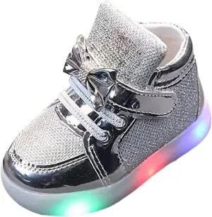 Toddler Led Light Up First Walking Sneaker Baby Infant Newborn Soft Sole Cozy Flat Shoes with Bow Lace-Up Glitter Shoes