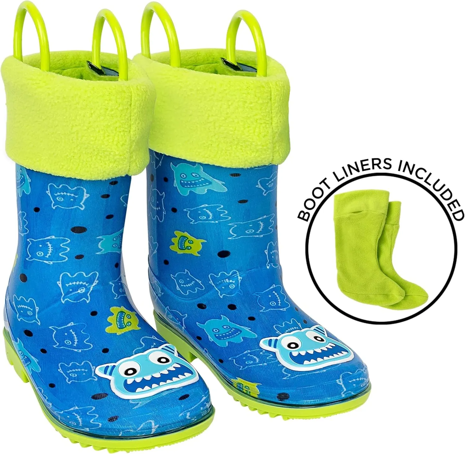 Toddler Rain Boots, Kids Rain Boots Waterproof Rubber Boots for Girls and Boys with Sock, Fun Patterns, Easy-On Handles 8-12