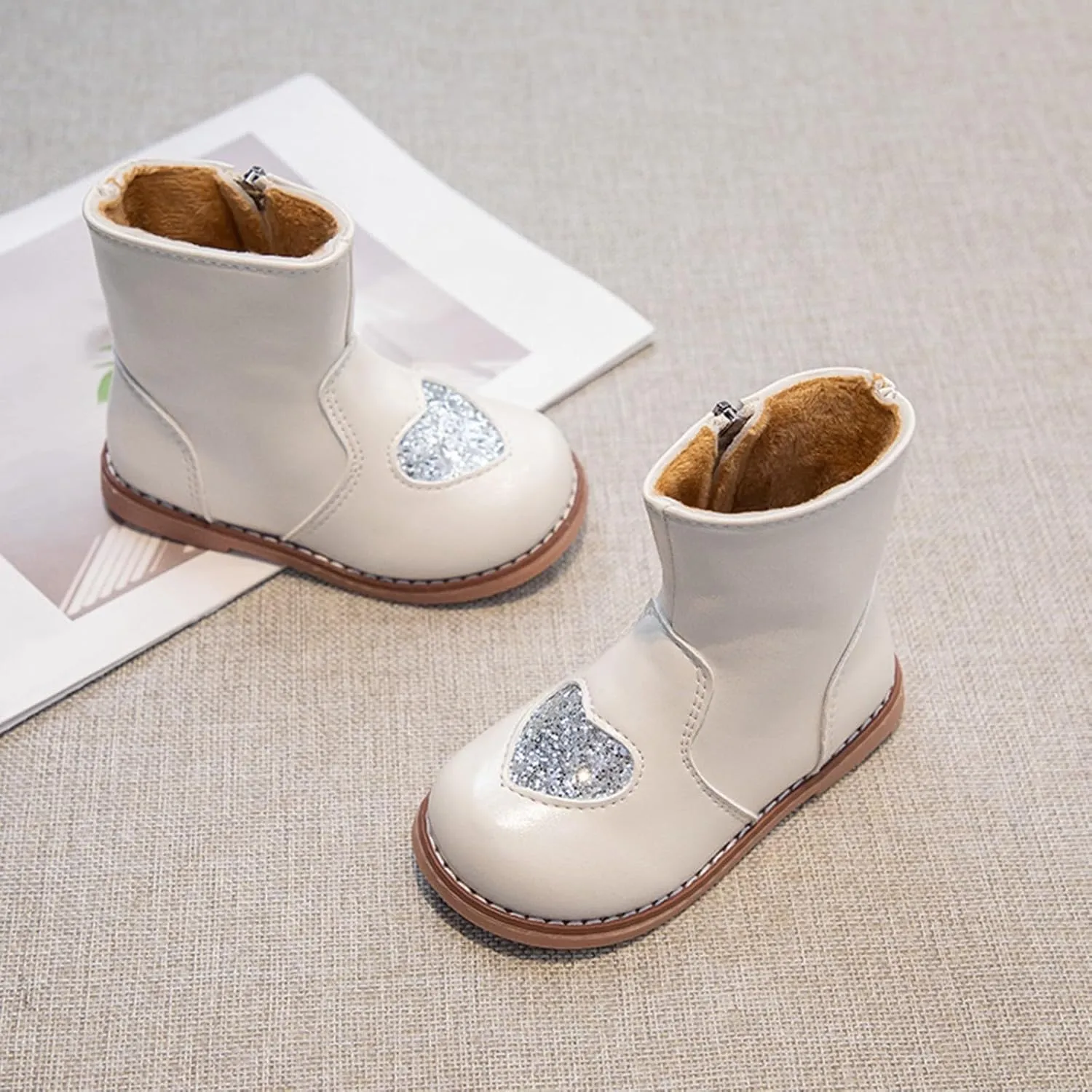 Toddler/Little Kid Girls Sweet Short Ankle Boots Heart Sequin Side Zipper Dress Booties 2024 Kids High Boots for Girls