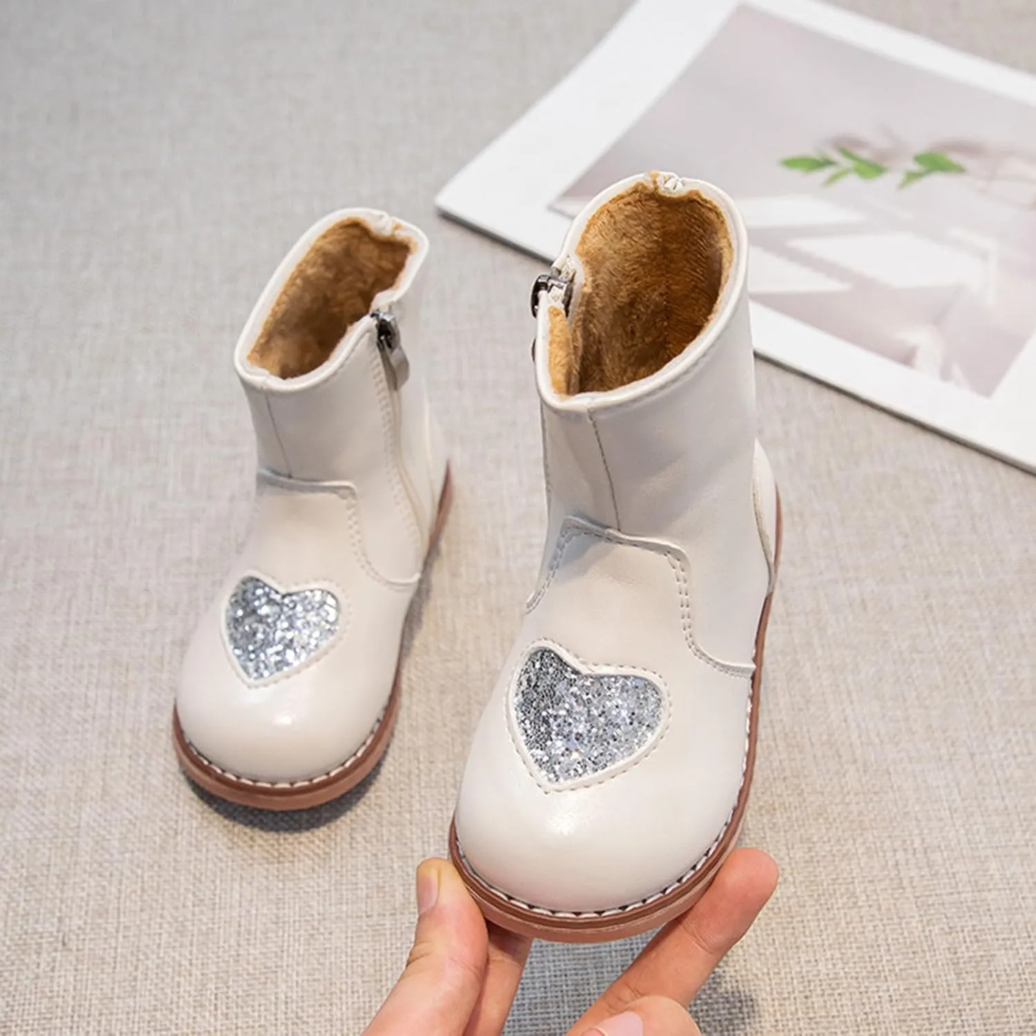 Toddler/Little Kid Girls Sweet Short Ankle Boots Heart Sequin Side Zipper Dress Booties 2024 Kids High Boots for Girls