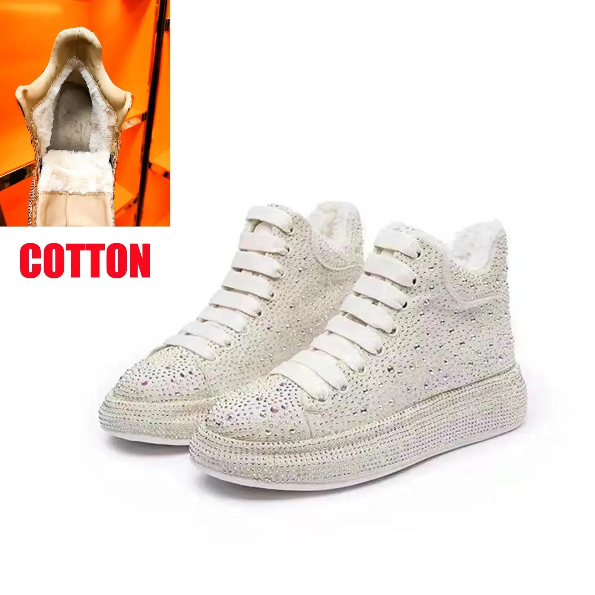 Top Quality Women's High-Top Skate Sneakers – Warm Cotton, Rhinestone Accents, Shiny Casual Board Shoes, Size 43