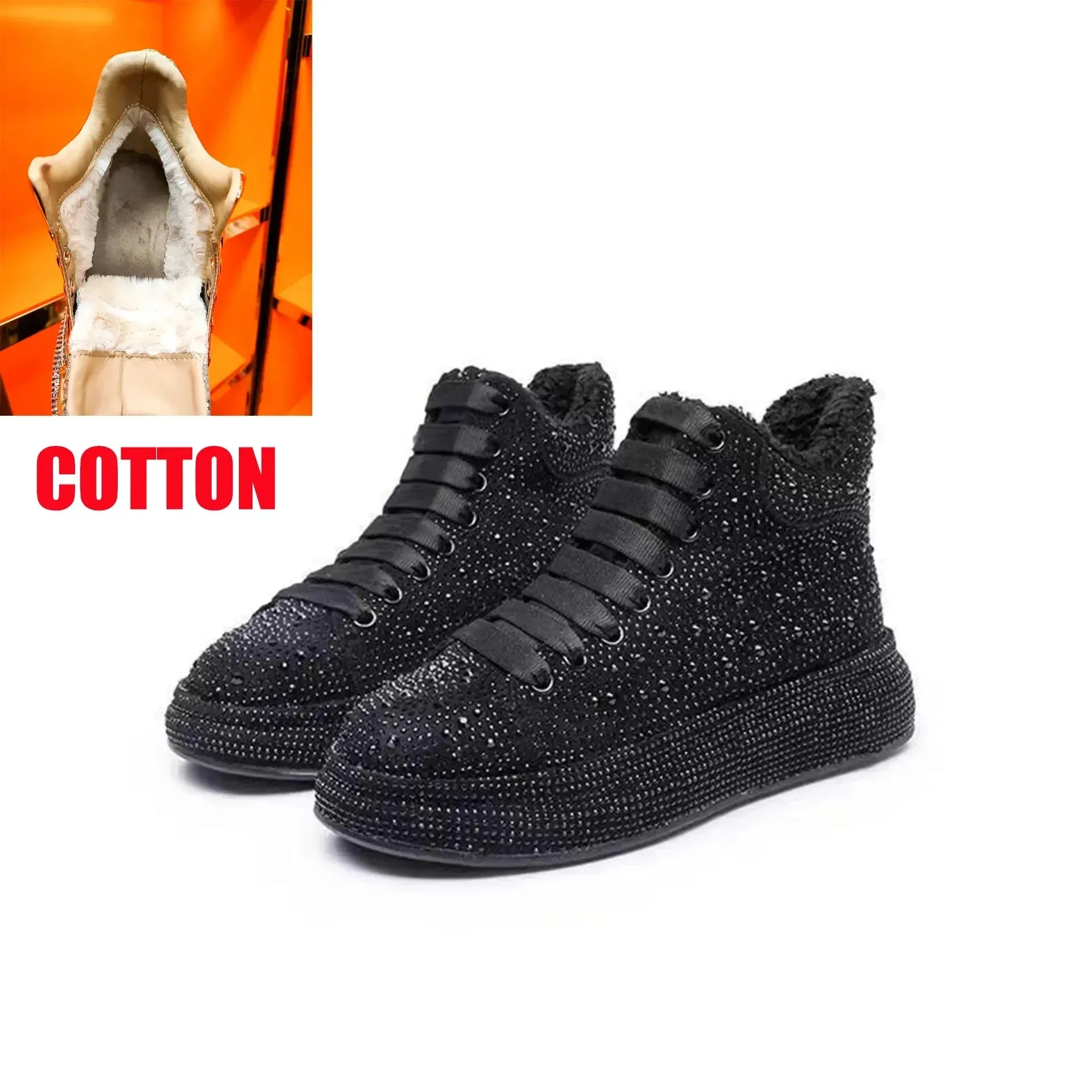 Top Quality Women's High-Top Skate Sneakers – Warm Cotton, Rhinestone Accents, Shiny Casual Board Shoes, Size 43