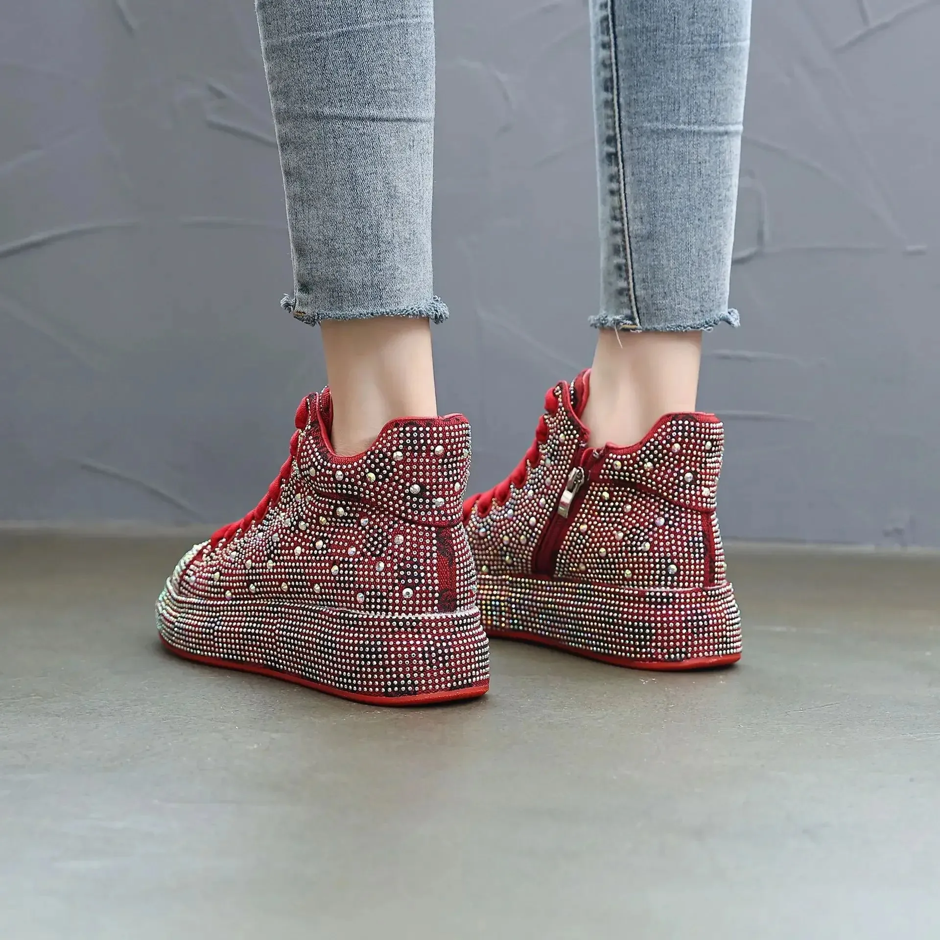 Top Quality Women's High-Top Skate Sneakers – Warm Cotton, Rhinestone Accents, Shiny Casual Board Shoes, Size 43