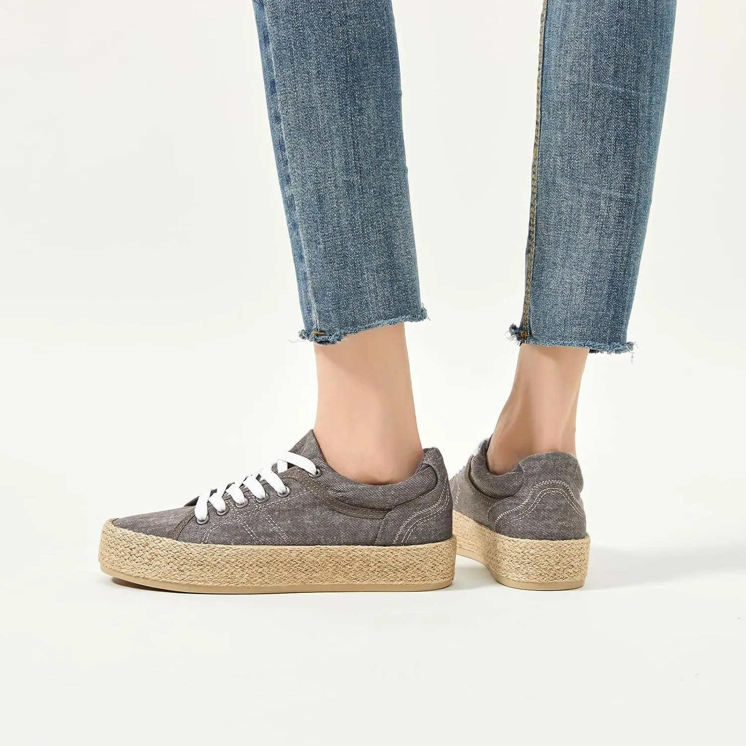 Uoidru Canvas Shoes for Women Platform Sneakers Soft Washed Demin Canvas Sneakers Lace Up Canvas Platform Shoes Low Top Womens Fashion Sneakers