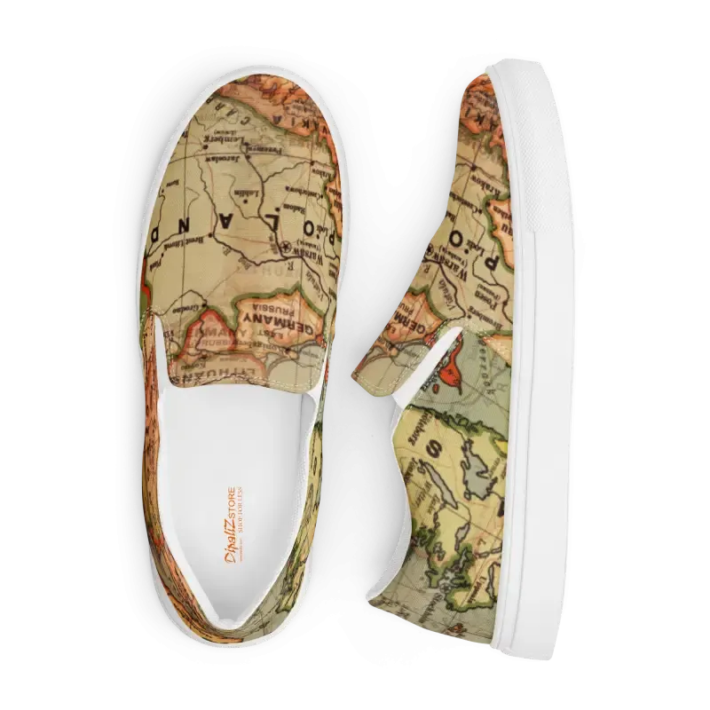 Vintage Map Mens Slip Canvas Shoes